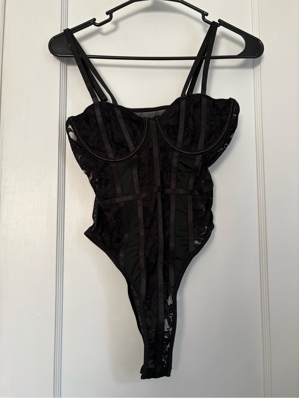 NWOT Black Lace Corset Bodysuit Teddy Lingerie Underwire Snap Closure, Sz: Med